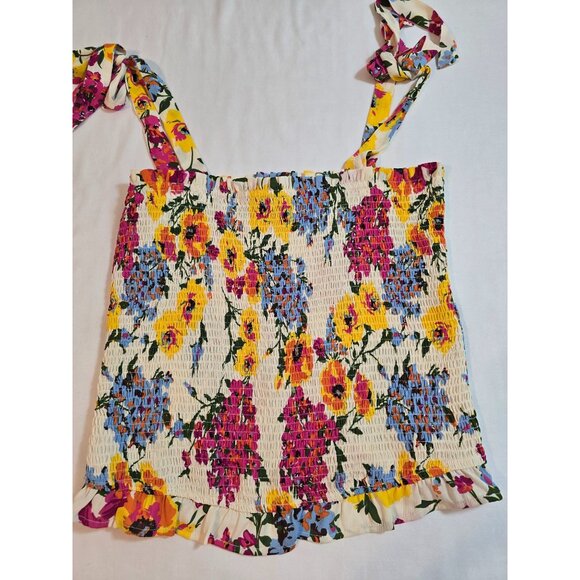 Floral Smocked Tank Top With Tie Straps By THML Size L Polyester  Multicolor - Picture 6 of 9